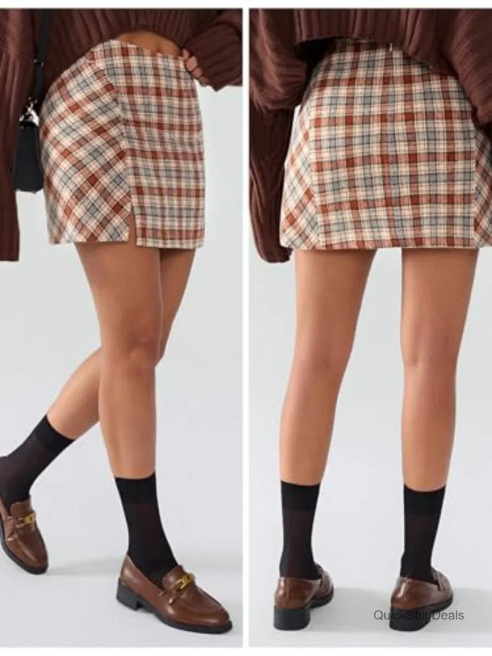 Faux Wool Plaid High Waisted Bodycon Mini Skirt with Side Slits